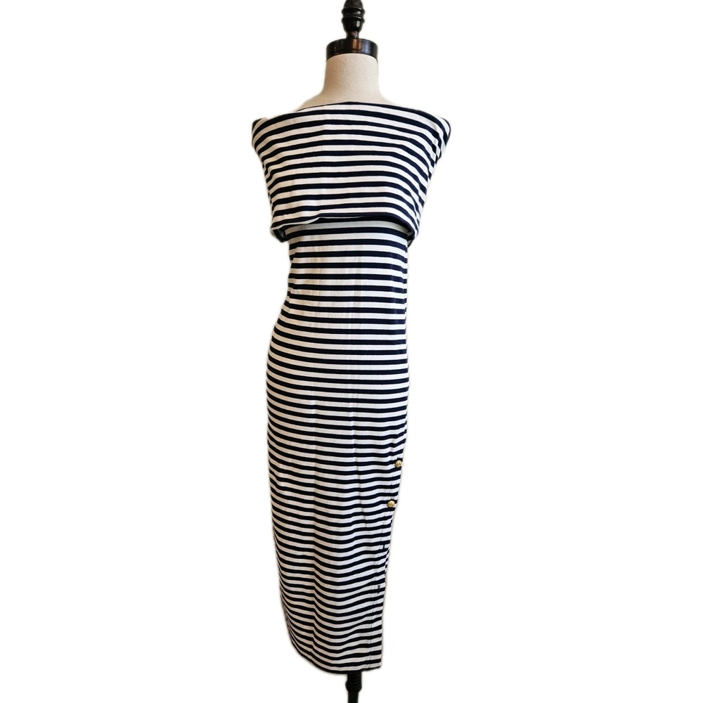 Vtg Paul Alexander Stretchy Nautical Striped Off-Shoulder Bodycon Maxi Dress S